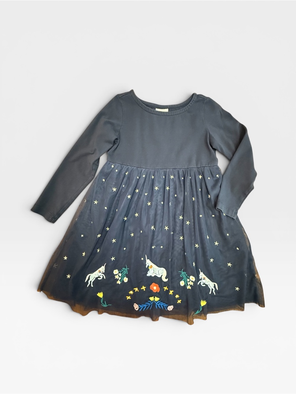Hanna Andersson Navy Unicorn Embroidered Long-Sleeve Dress